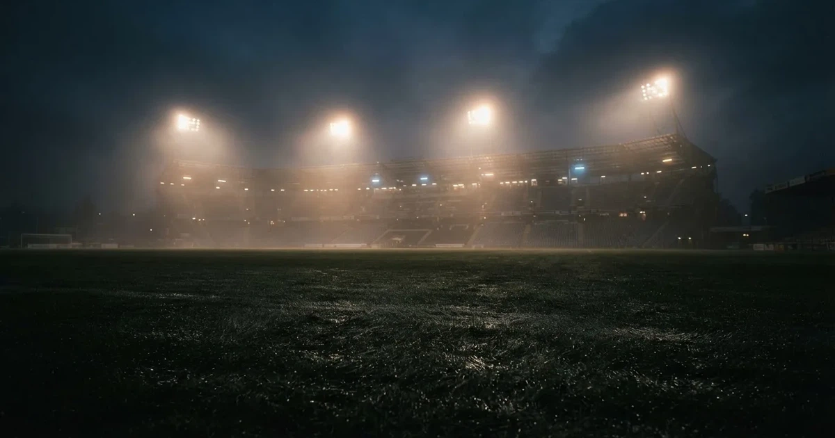 Ein Stadion unter Flutlicht, aus großer Entfernung über eine dunkle Wiese fotografiert, am Himmel zieht Nebel auf.
