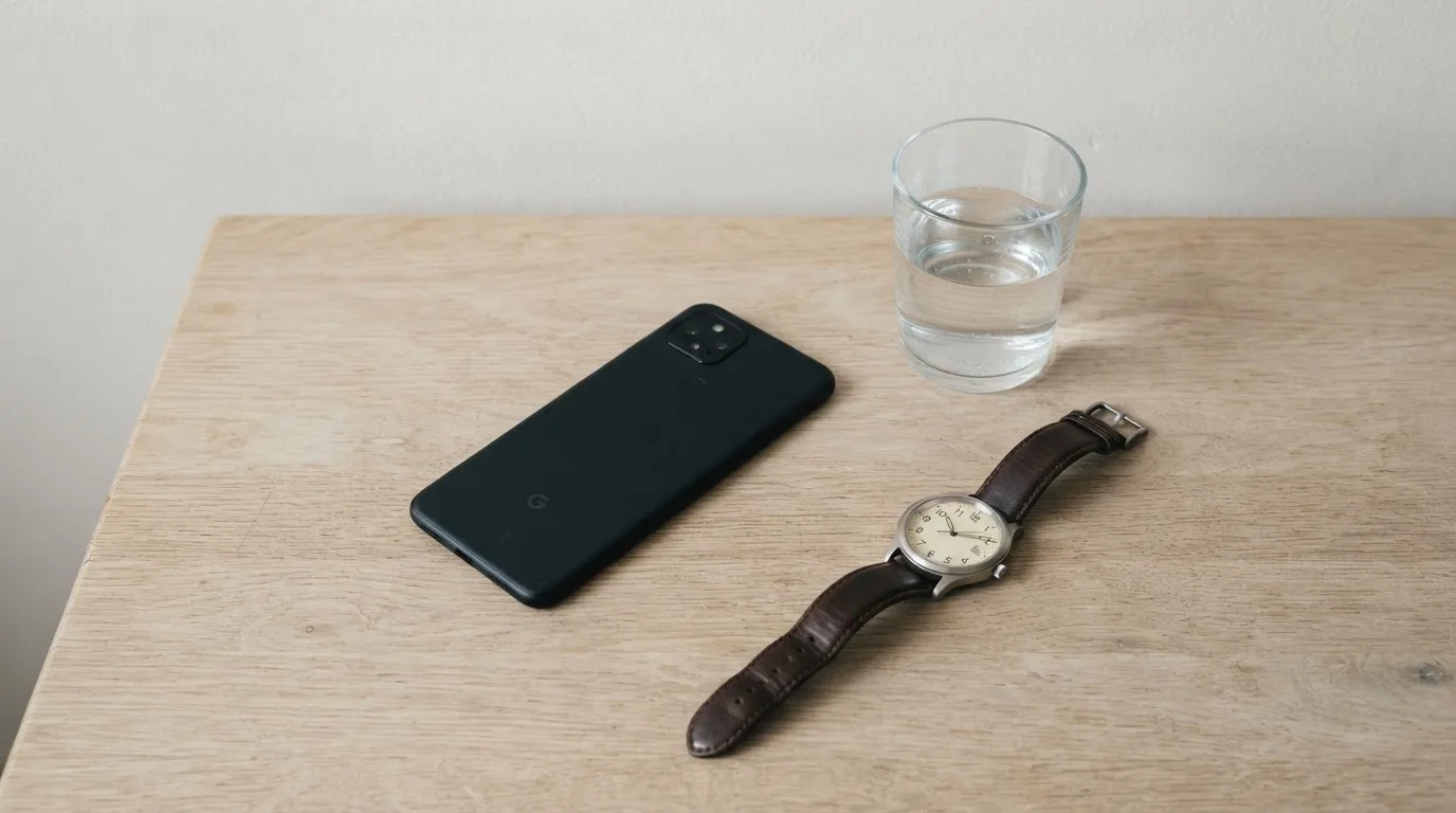 Ein Smartphone liegt mit dem Display nach unten auf einem Küchentisch, daneben stehen ein Glas Wasser und eine Armbanduhr.