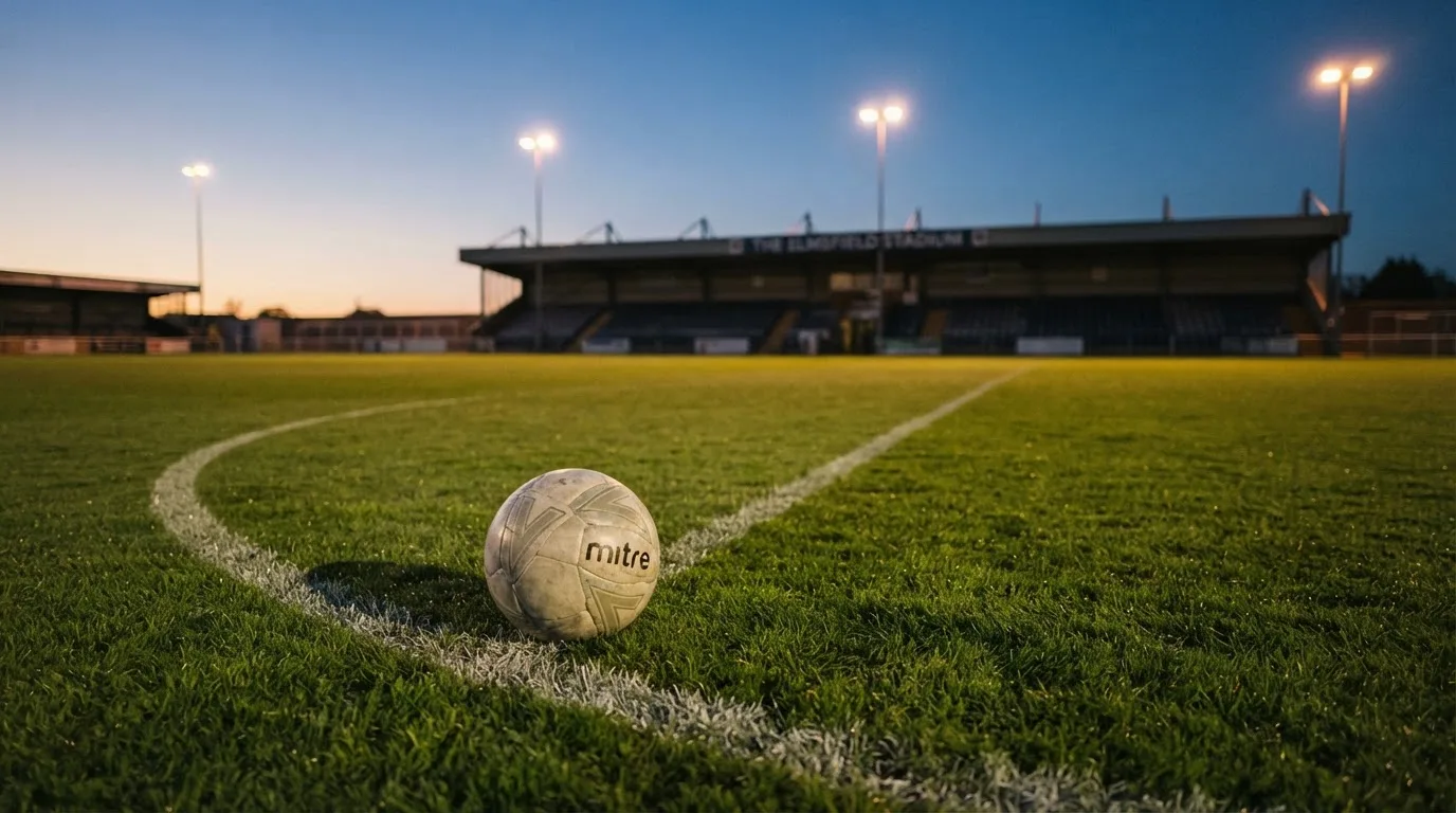 Ein Fußball liegt auf dem Rasen eines leeren Platzes, im Hintergrund ein Stadion unter Flutlicht in der Abenddämmerung.