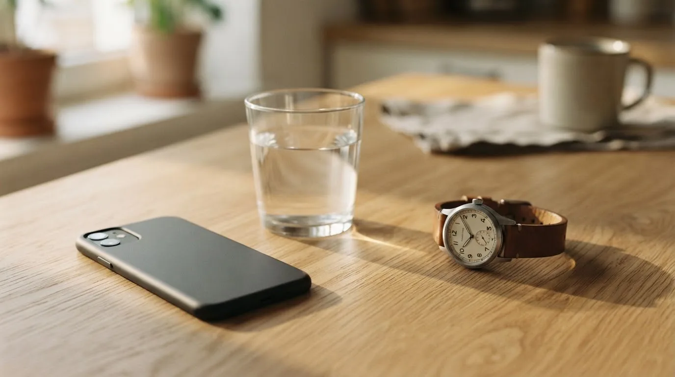 Ein Smartphone liegt mit dem Display nach unten auf einem Küchentisch, daneben stehen ein Glas Wasser und eine Armbanduhr.