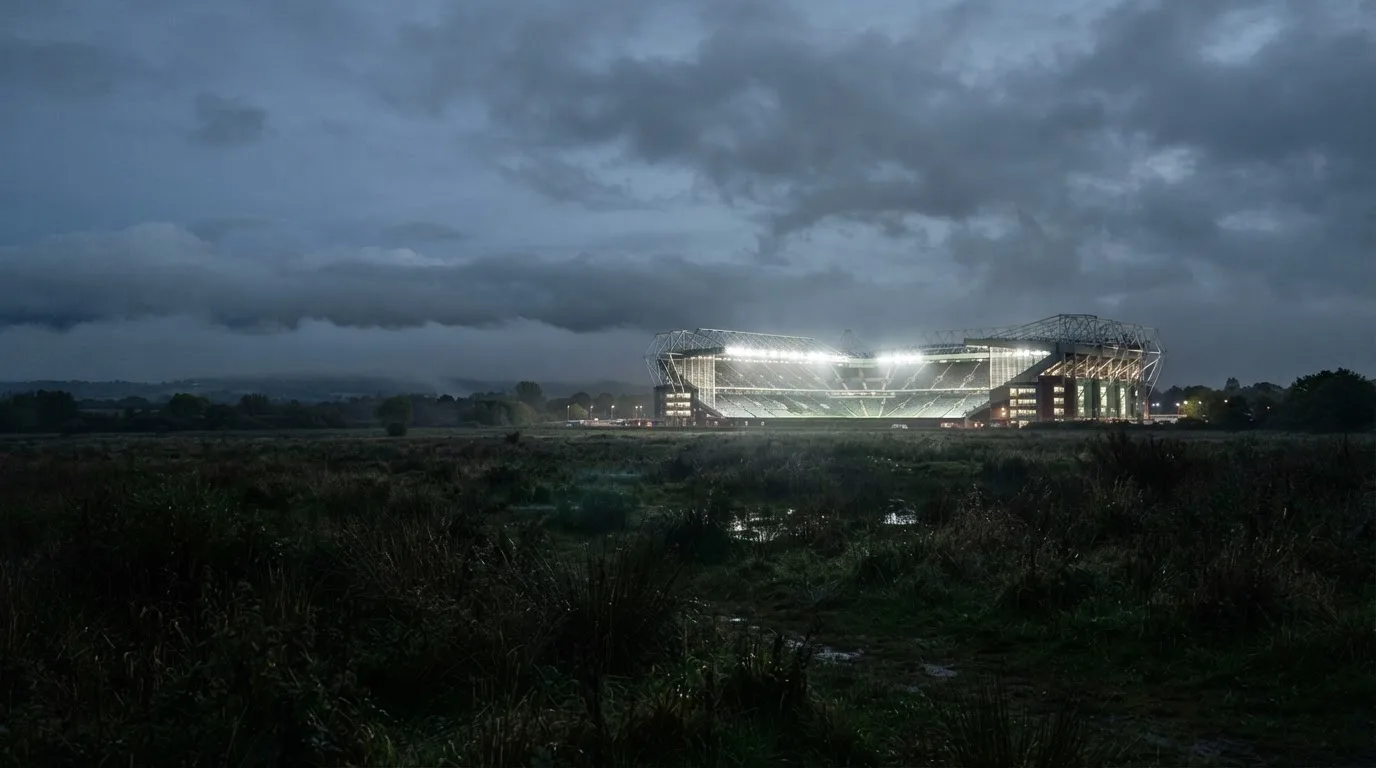 Ein Stadion unter Flutlicht, aus großer Entfernung über eine dunkle Wiese fotografiert, am Himmel zieht Nebel auf.