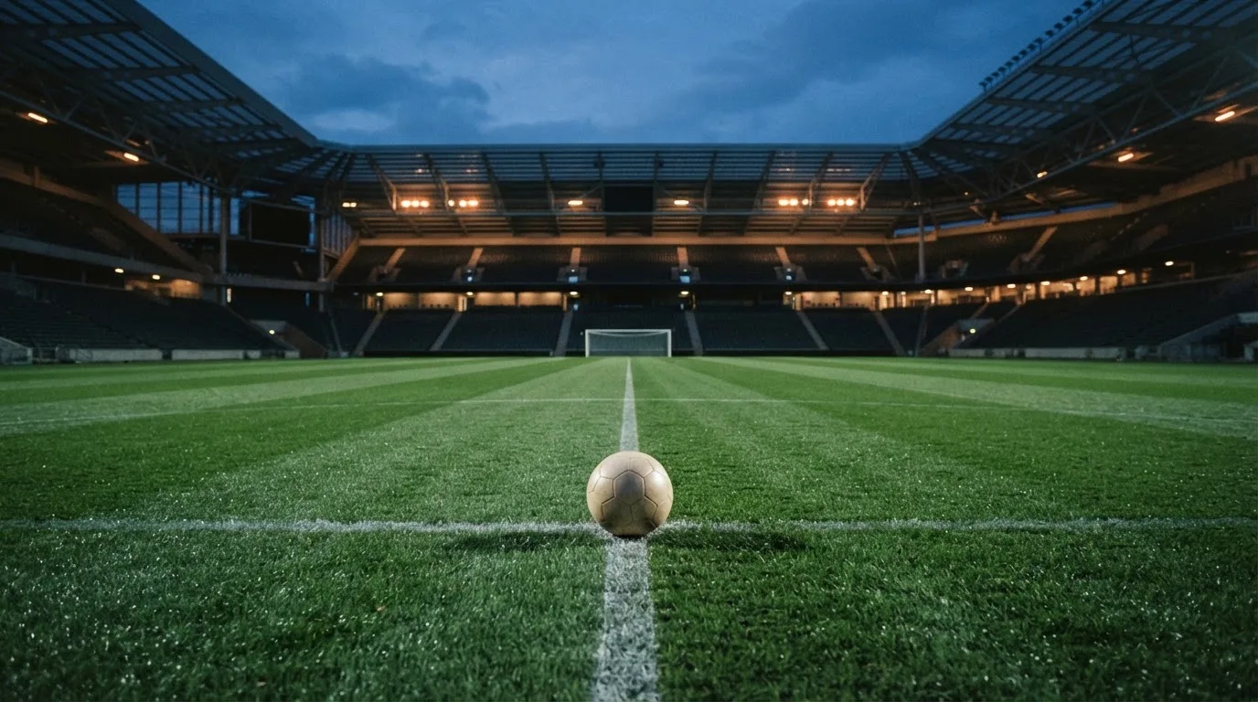 Ein Fußball liegt auf dem Anstoßpunkt eines leeren Rasenplatzes, im Hintergrund steht ein Stadion unter Flutlicht in der Dämmerung.