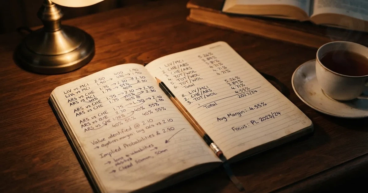 Ein Notizbuch mit handschriftlichen Notizen und Pfeilen liegt aufgeschlagen auf einem Schreibtisch, daneben ein Bleistift und eine Tasse Tee.