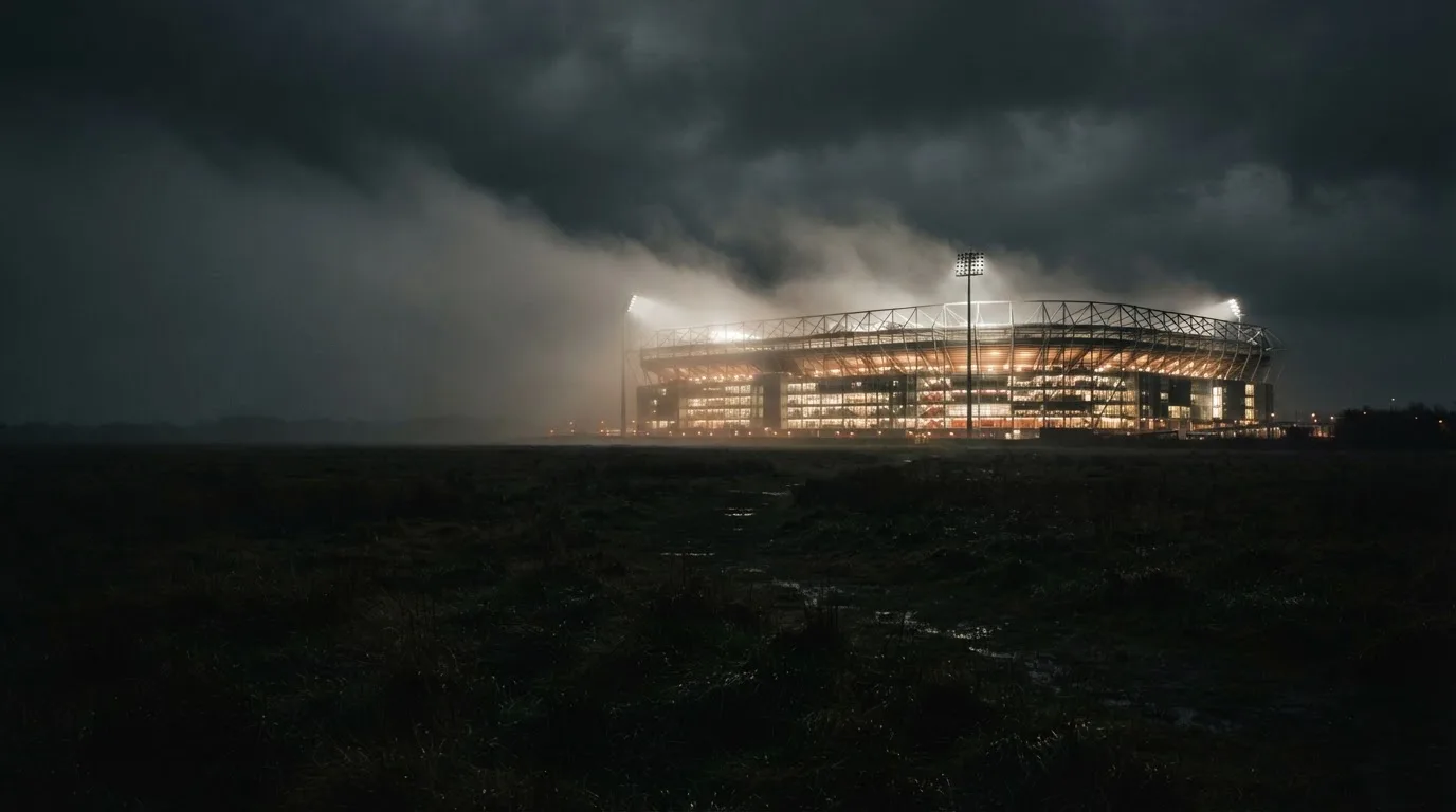 Ein Stadion unter Flutlicht, aus großer Entfernung über eine dunkle Wiese fotografiert, am Himmel zieht Nebel auf.