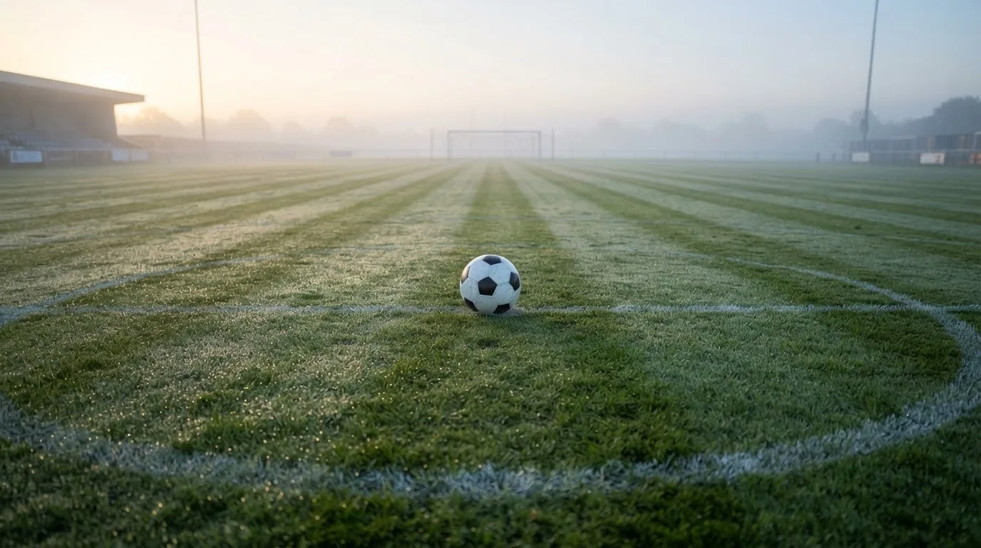 Ein Fußball ruht auf dem Mittelkreis eines leeren Rasenplatzes in der Morgendämmerung, Tau liegt auf dem Gras.