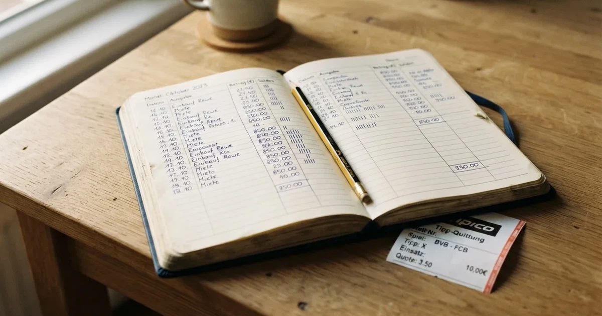 Ein Notizbuch mit handschriftlichen Spalten und Strichlisten liegt neben einem Taschenrechner und einem Bleistift auf einem Schreibtisch.