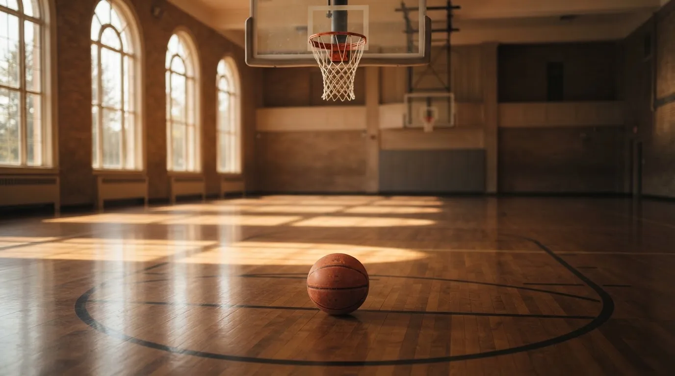Ein Basketball liegt auf dem Hallenboden unter einem Korb, das Netz hängt ruhig, Morgenlicht fällt durch hohe Fenster.