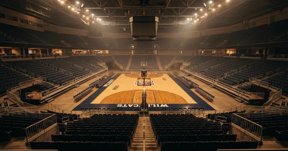 Eine leere Basketballhalle von einer oberen Tribünenreihe aus gesehen, Parkett und Körbe im Licht der Hallenstrahler.