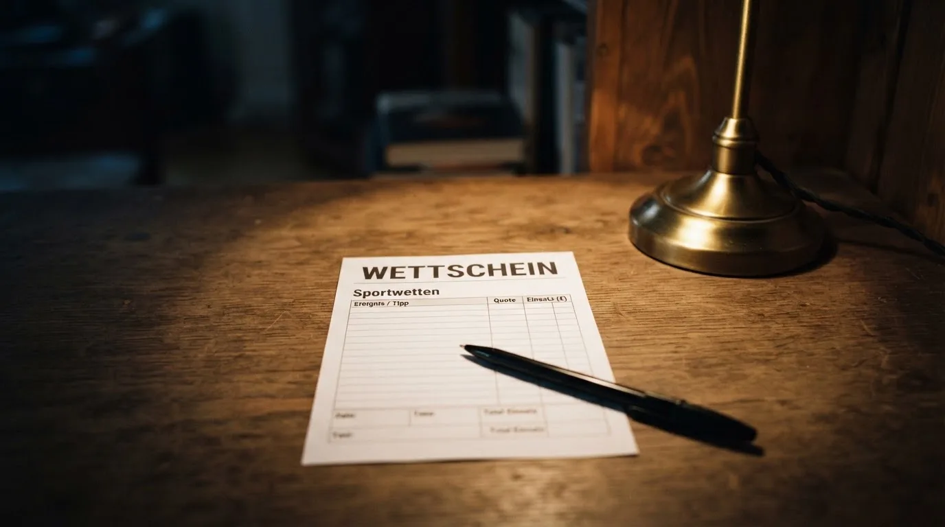 Ein leerer Wettschein aus Papier und ein Kugelschreiber liegen auf einer Tischplatte neben einer kleinen Tischlampe.