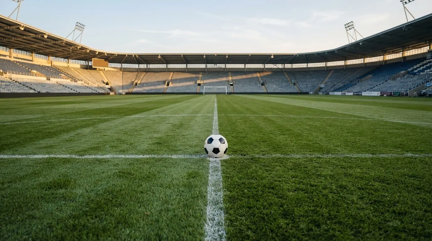 Ein Fußball liegt auf dem Anstoßkreis eines leeren Rasenplatzes im Licht der Morgensonne.