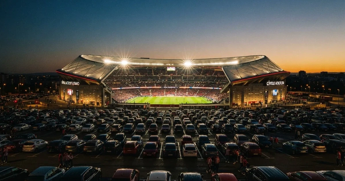 Ein Fußballstadion unter Flutlicht aus großer Entfernung, davor ein dunkler Parkplatz und ein heller Abendhimmel.