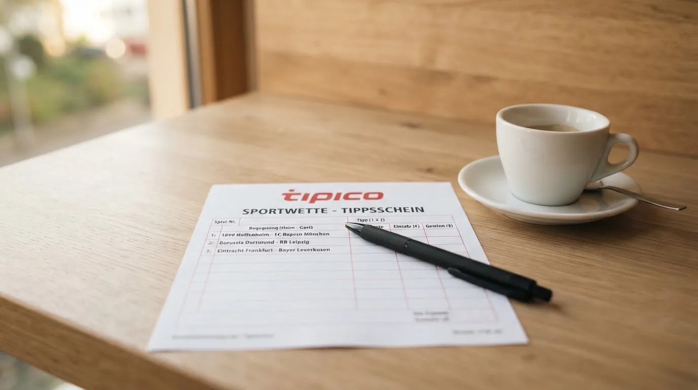 Ein leerer Wettschein aus Papier liegt neben einem Kugelschreiber und einer Tasse auf einem hellen Holztisch.
