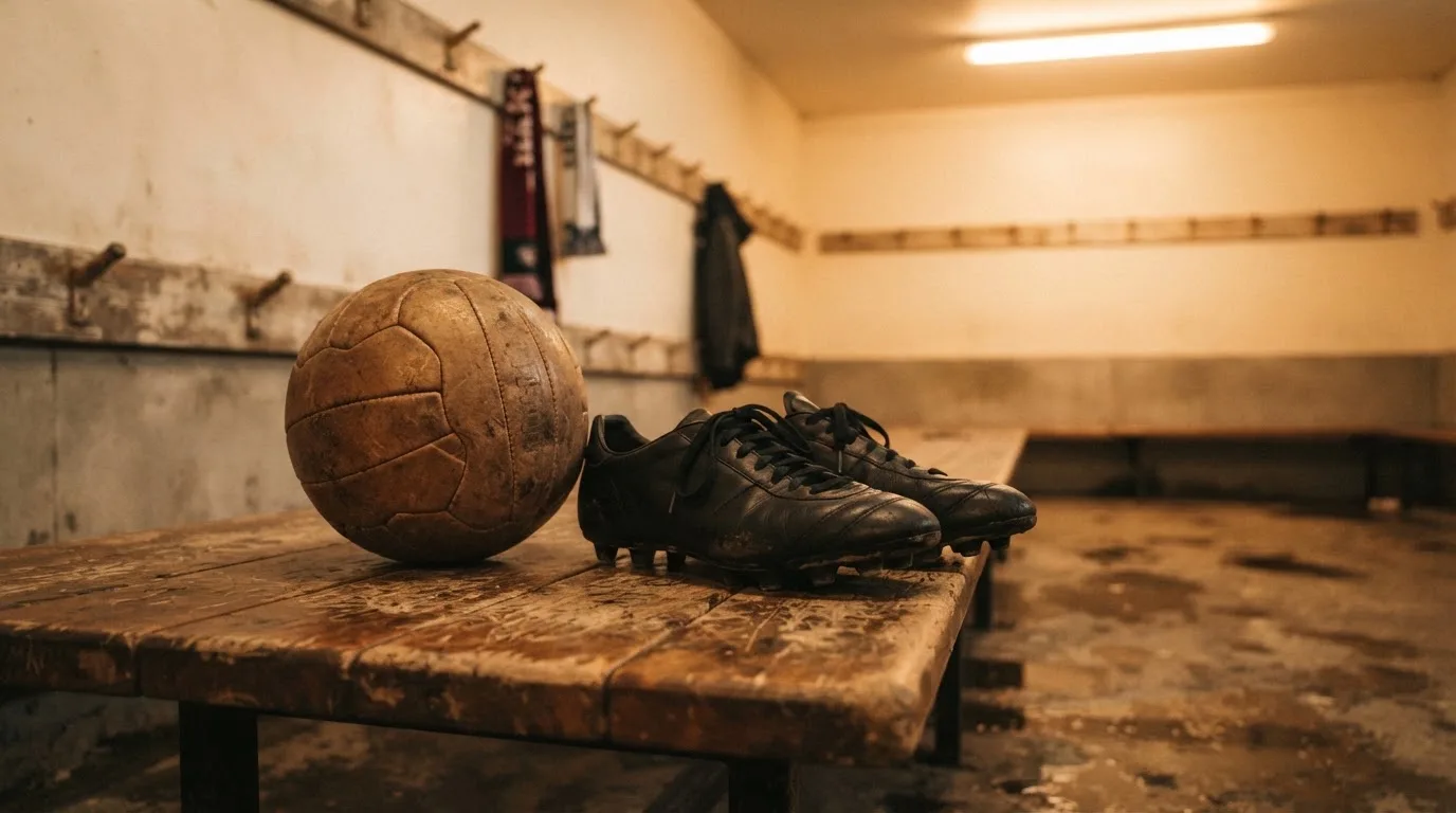 Ein Fußball liegt neben einem Paar Fußballschuhen ohne Markenzeichen auf einer Holzbank in einer leeren Umkleide.