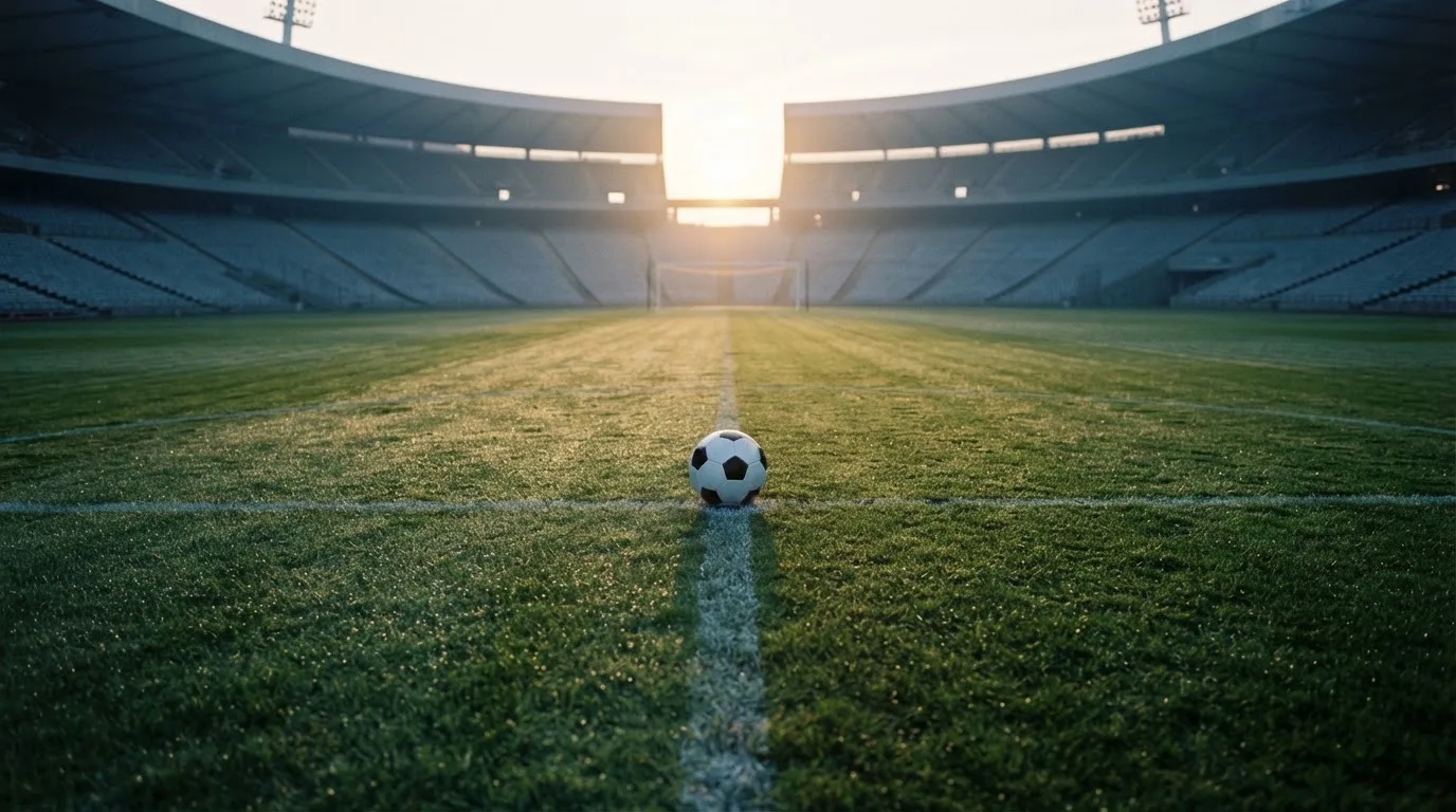 Ein Fußball liegt auf dem Anstoßpunkt eines leeren Rasenplatzes in der Morgendämmerung, im Hintergrund eine leere Tribüne.