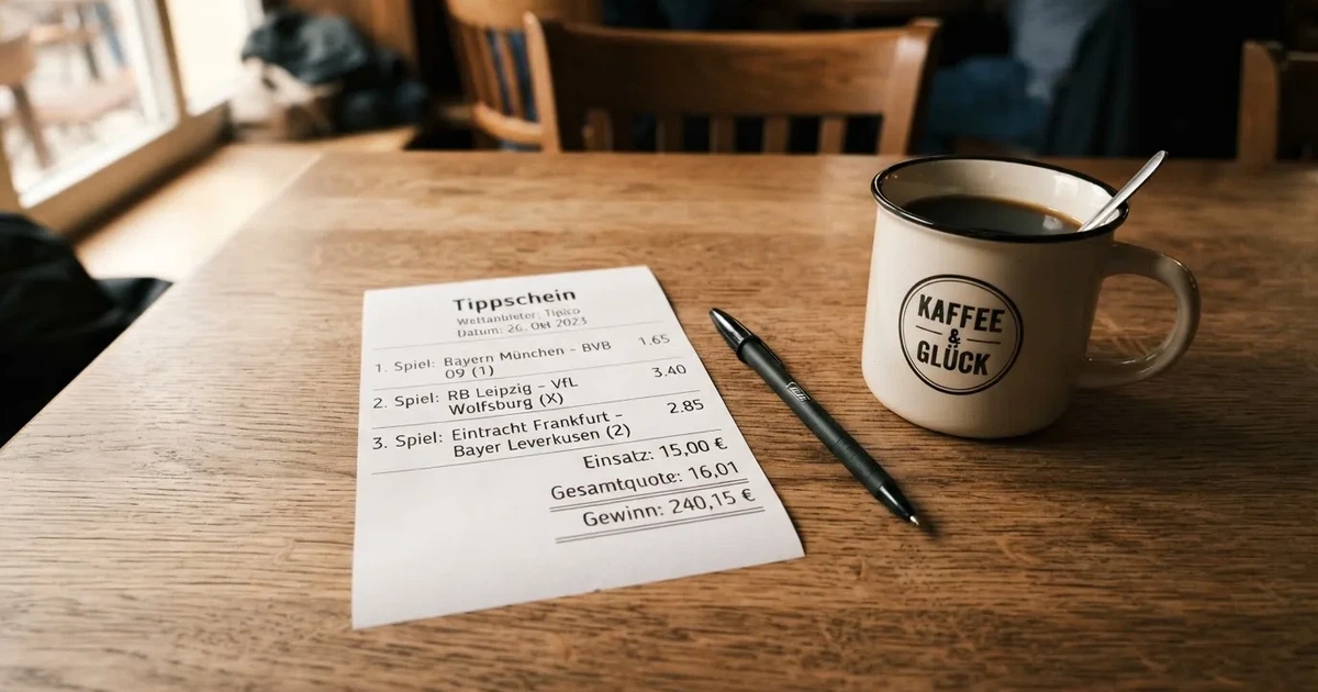 Ein leerer Wettschein aus Papier liegt neben einem Kugelschreiber und einer Tasse Kaffee auf einem Tisch, Aufnahme von oben.