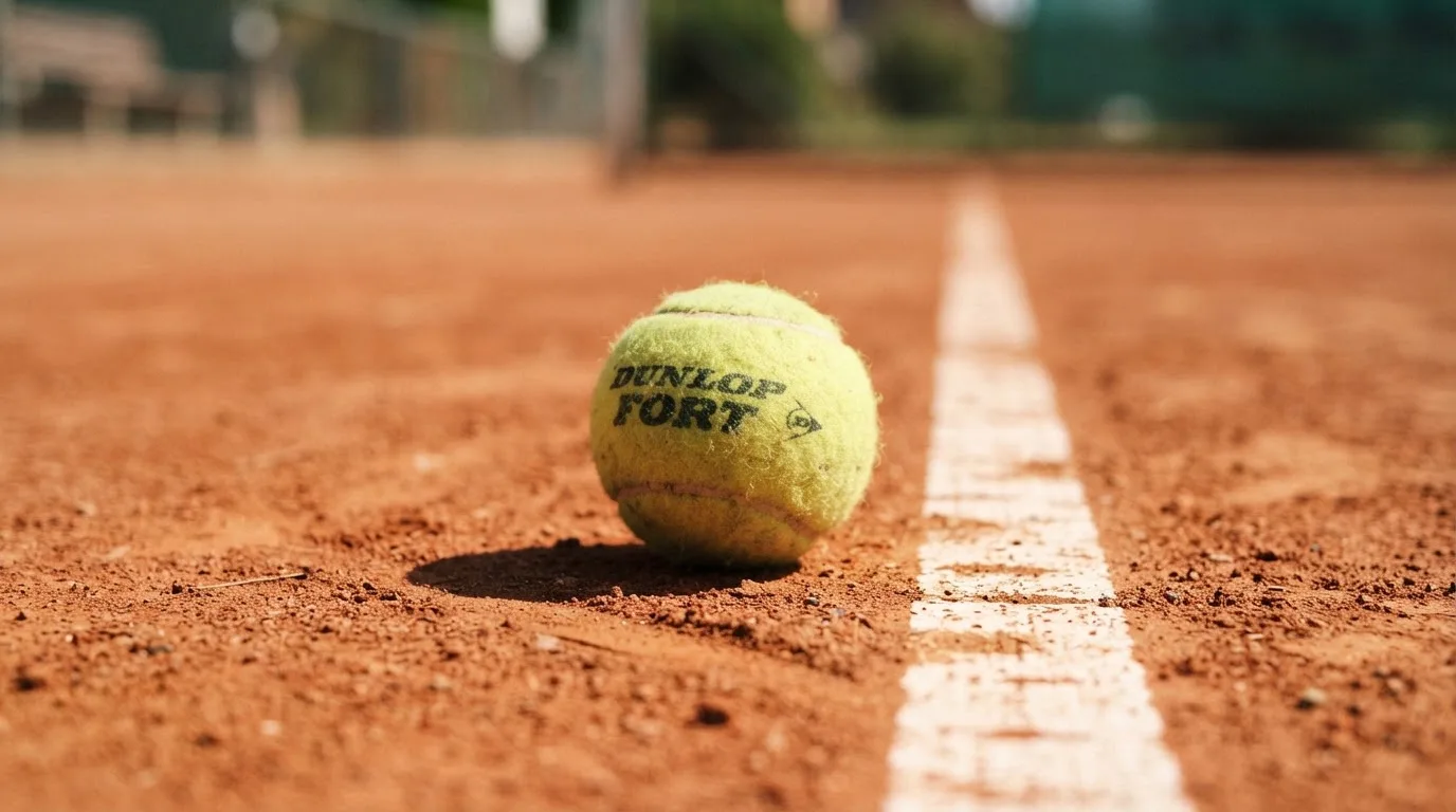 Ein einzelner Tennisball liegt auf rotem Sand neben einer weißen Linie, geringe Schärfentiefe.