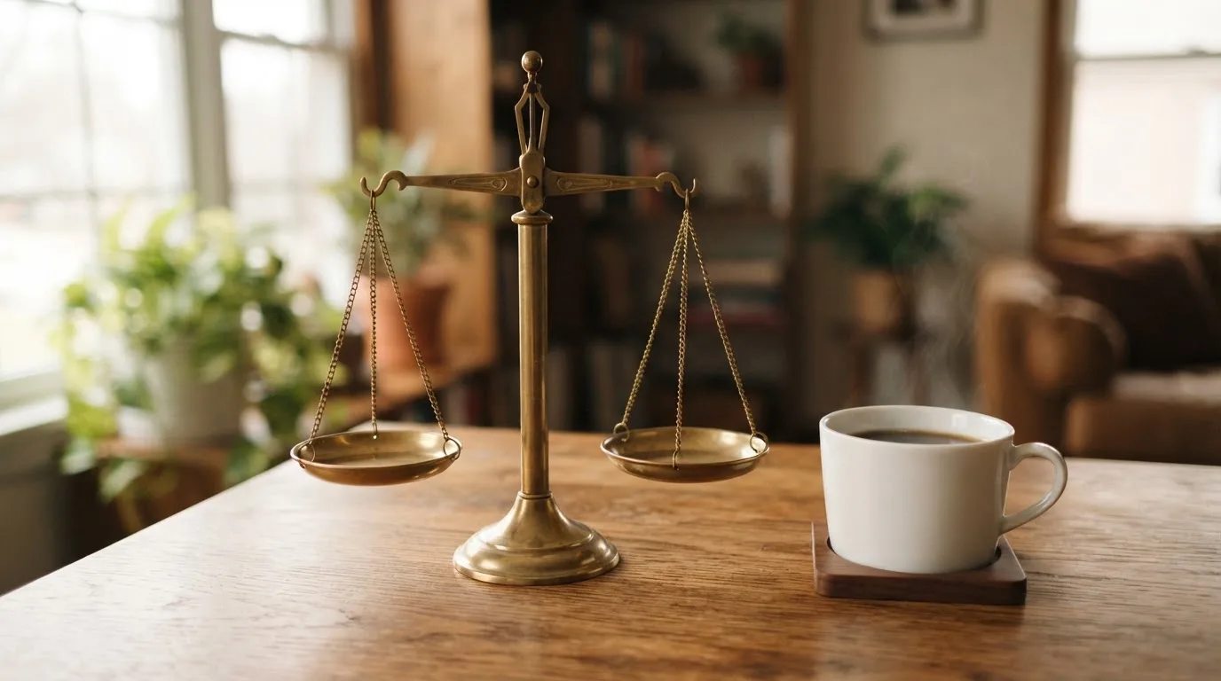 Eine Messingwaage steht auf einem Holzschreibtisch neben einer Kaffeetasse, im Hintergrund ein helles Fenster.