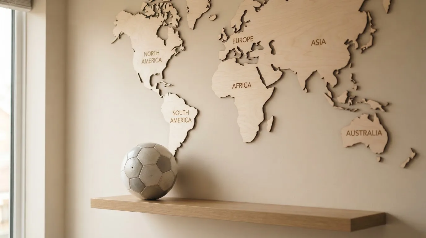 Eine Weltkarte aus Holz hängt an einer Wand, davor liegt ein Fußball auf einem Regal, ohne erkennbare Beschriftung.