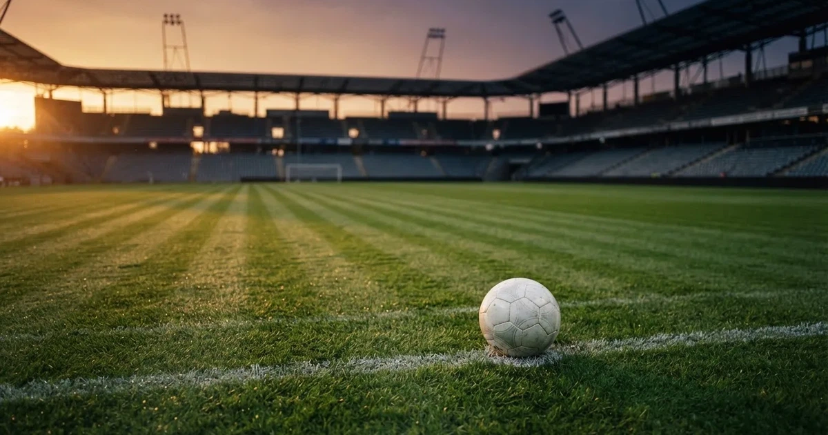 Ein Fußballplatz mit frisch gemähtem Rasen im Abendlicht, ein Ball liegt im Strafraum, im Hintergrund unscharf eine leere Tribüne.