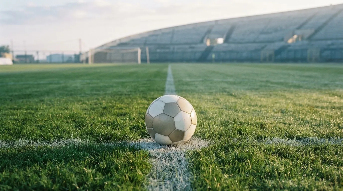 Ein Fußball liegt auf dem Anstoßpunkt eines leeren Rasenplatzes im frühen Morgenlicht, dahinter eine leere Tribüne.