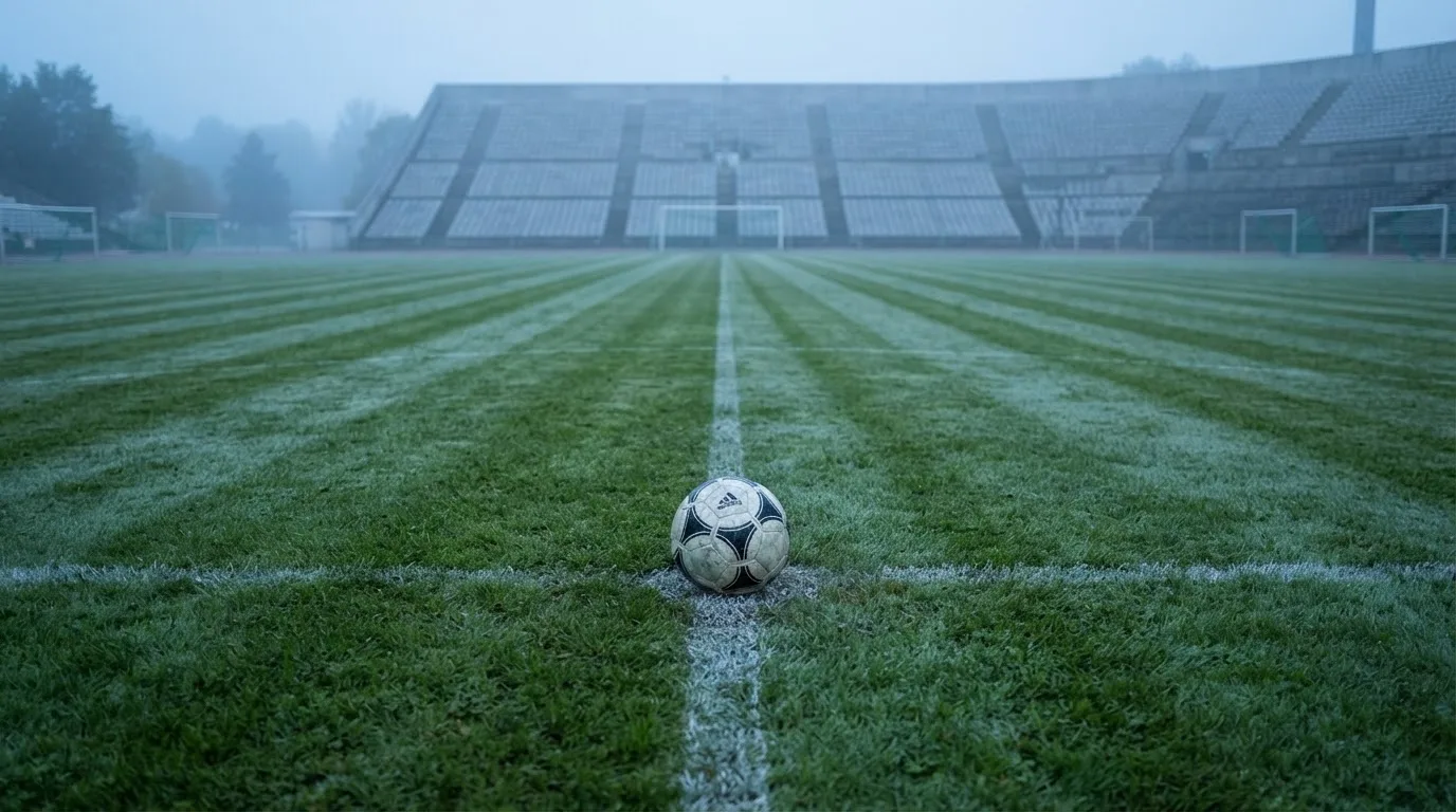 Ein Fußball liegt auf dem Anstoßpunkt eines leeren Rasenplatzes im frühen Morgenlicht, dahinter eine leere Tribüne.