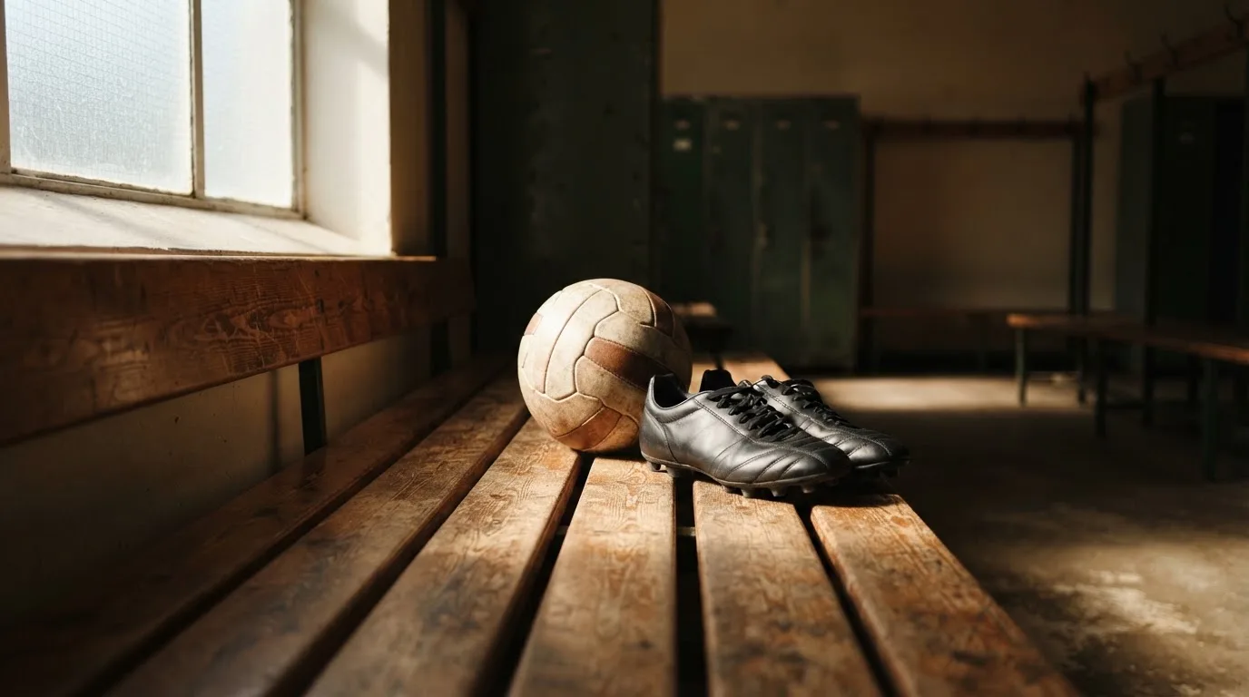 Ein Fußball liegt auf einer Holzbank in einer leeren Umkleide neben einem Paar Fußballschuhen ohne Markenzeichen.