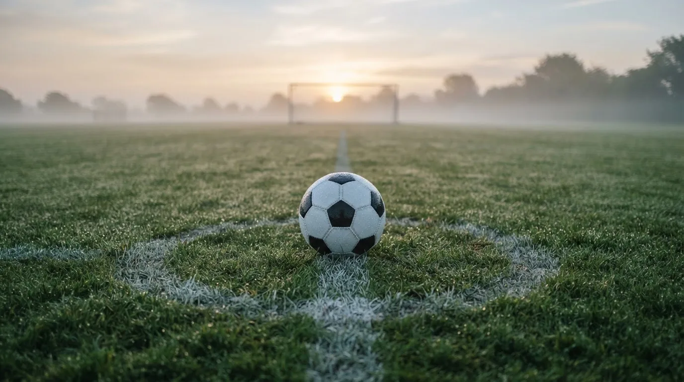 Ein Fußball ruht auf dem Mittelkreis eines leeren Rasenplatzes in der Morgendämmerung, Tau liegt auf dem Gras.