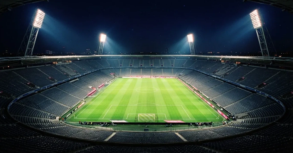 Ein Stadion bei Nacht unter Flutlicht aus der Ferne gesehen, der Rasen ist hell erleuchtet, keine erkennbaren Personen.