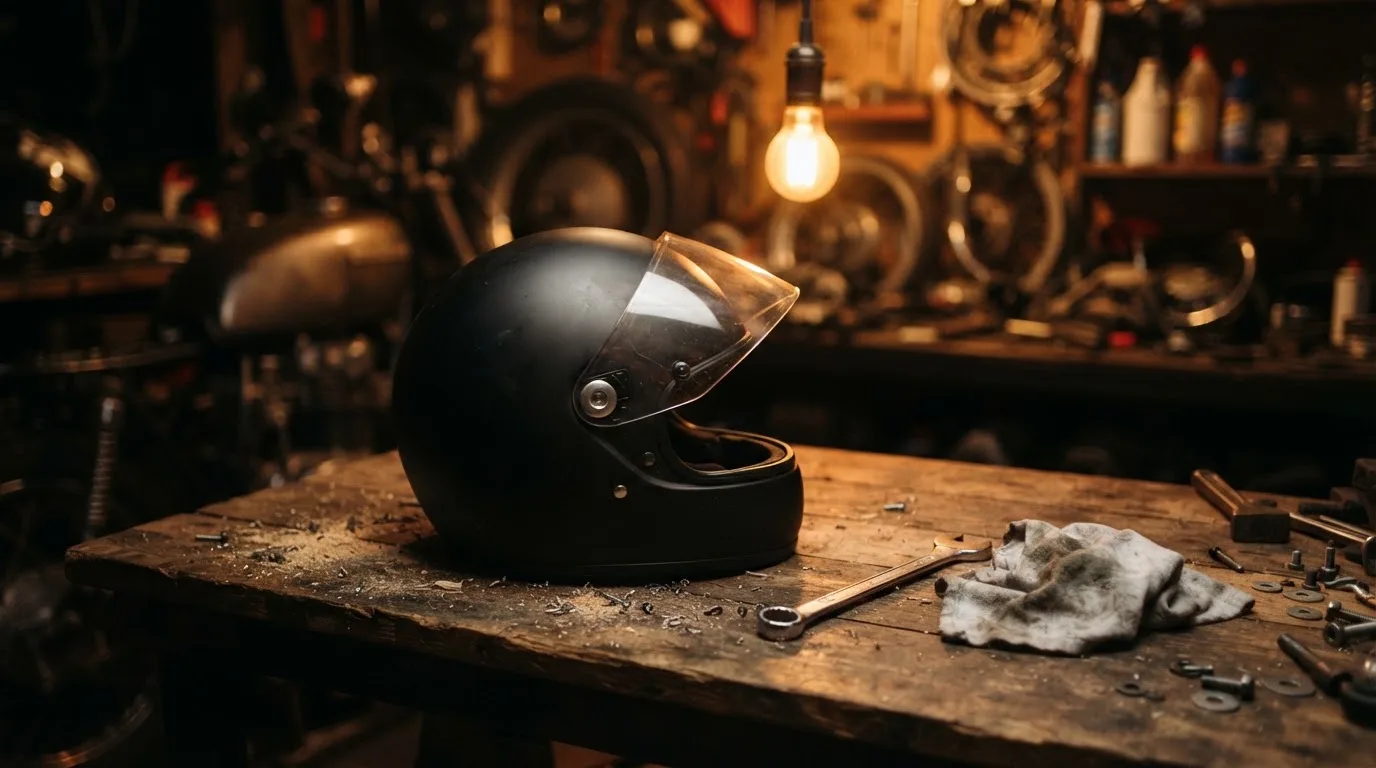 Ein schwarzer Motorradhelm ohne Aufdruck liegt auf einer Werkbank neben einem Schraubenschlüssel, warmes Licht einer Werkstatt.