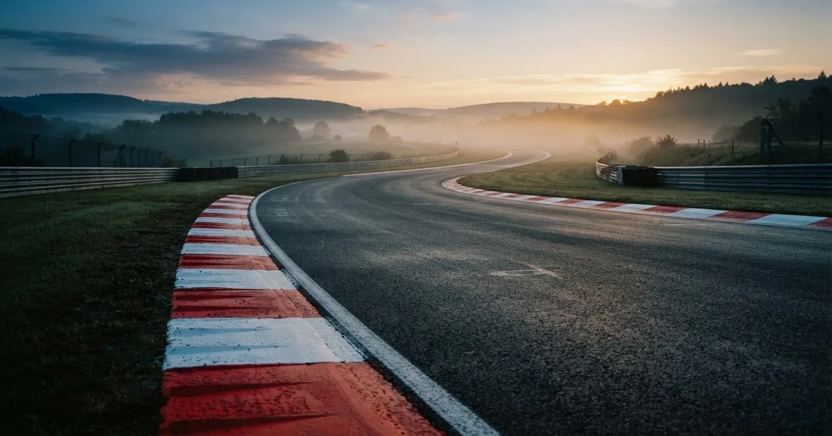 Eine leere Rennstrecke mit rot-weißen Randsteinen im frühen Morgenlicht, auf dem Asphalt liegt dünner Nebel, keine Fahrzeuge.