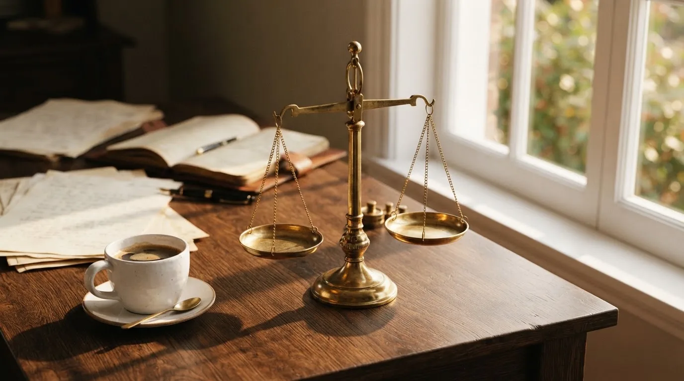 Eine Messingwaage steht auf einem Holzschreibtisch neben einer Kaffeetasse, im Hintergrund ein helles Fenster.
