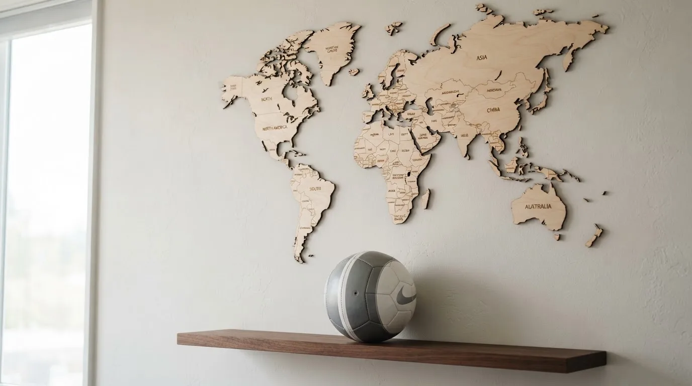 Eine Weltkarte aus Holz hängt an einer Wand, davor liegt ein Fußball auf einem Regal, ohne erkennbare Beschriftung.