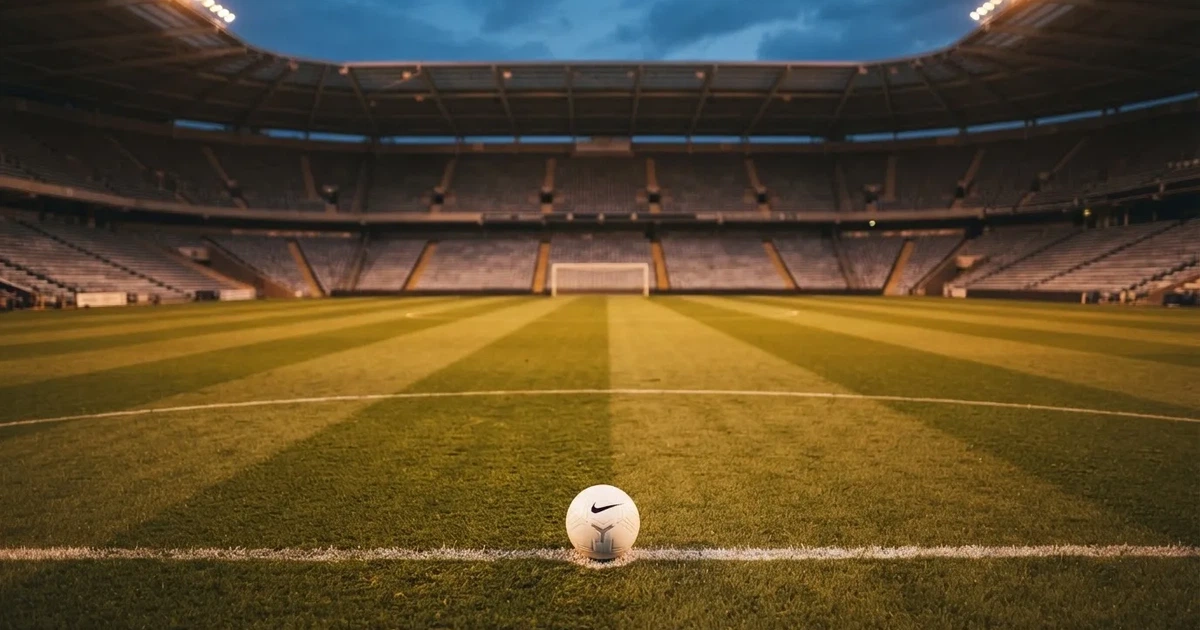 Ein Fußballplatz mit frisch gemähtem Rasen im Abendlicht, ein Ball liegt im Strafraum, im Hintergrund unscharf eine leere Tribüne.