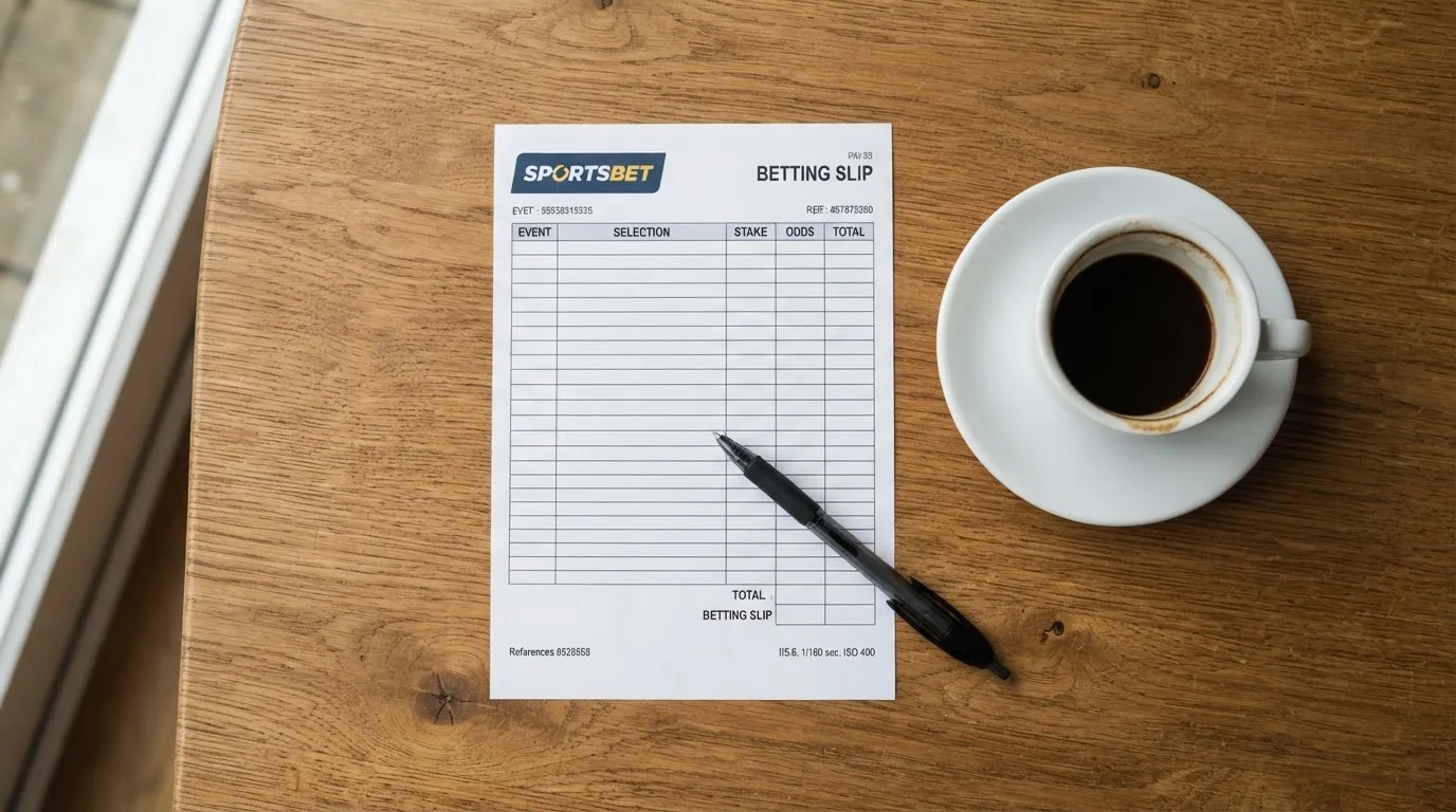 Ein leerer Wettschein aus Papier liegt neben einem Kugelschreiber und einer Tasse Kaffee auf einem Holztisch, Aufnahme von oben.