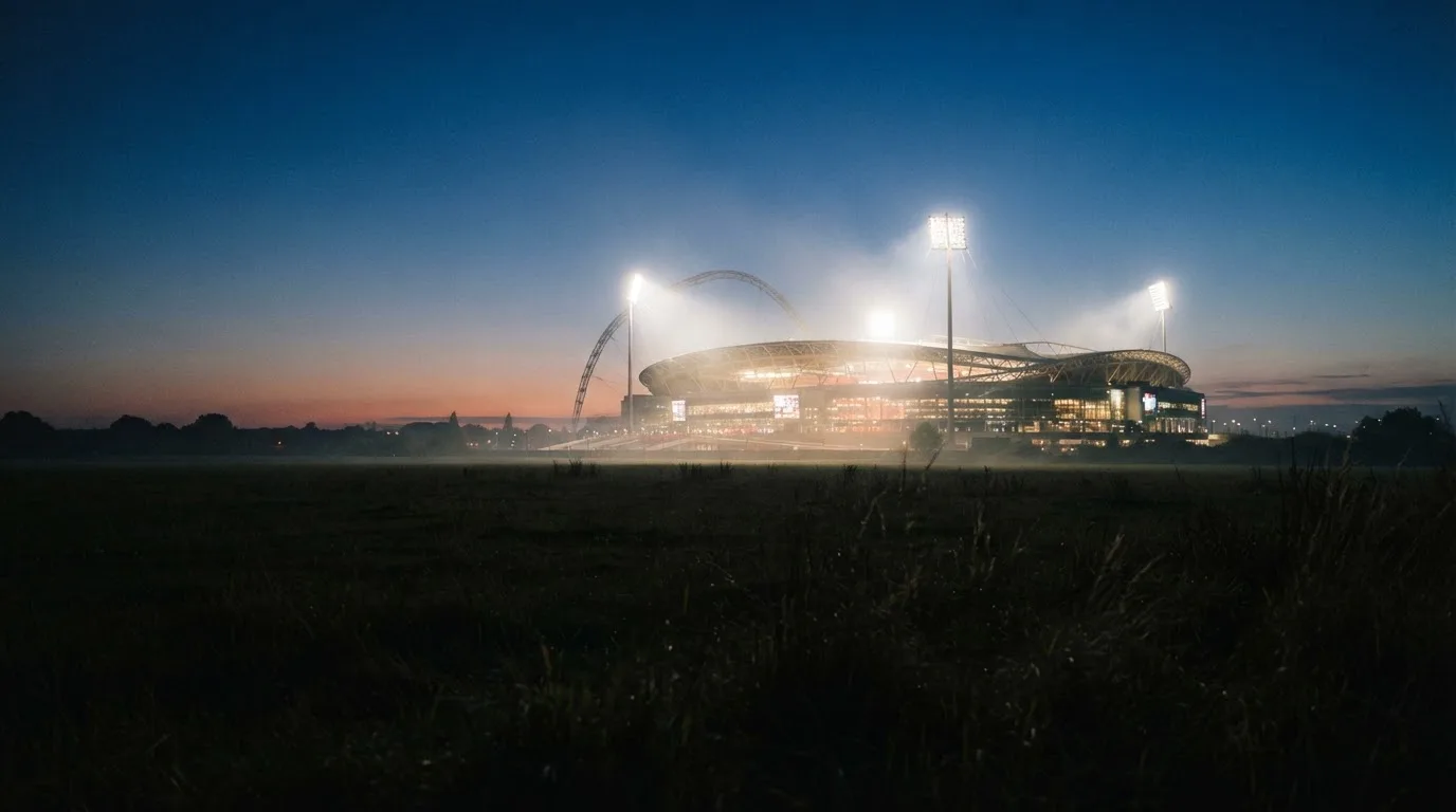 Ein großes Stadion unter Flutlicht, aus der Ferne über eine dunkle Wiese gesehen, die Lichtmasten spiegeln sich im Dunst der Abenddämmerung.
