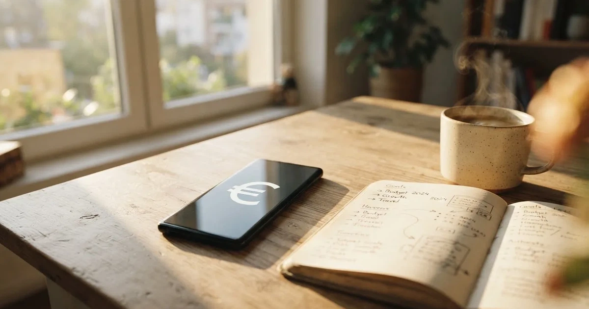 Ein Smartphone mit dunklem Display liegt neben einem Notizbuch mit handschriftlichen Notizen auf einem hellen Holztisch, daneben eine Tasse Kaffee im Morgenlicht.