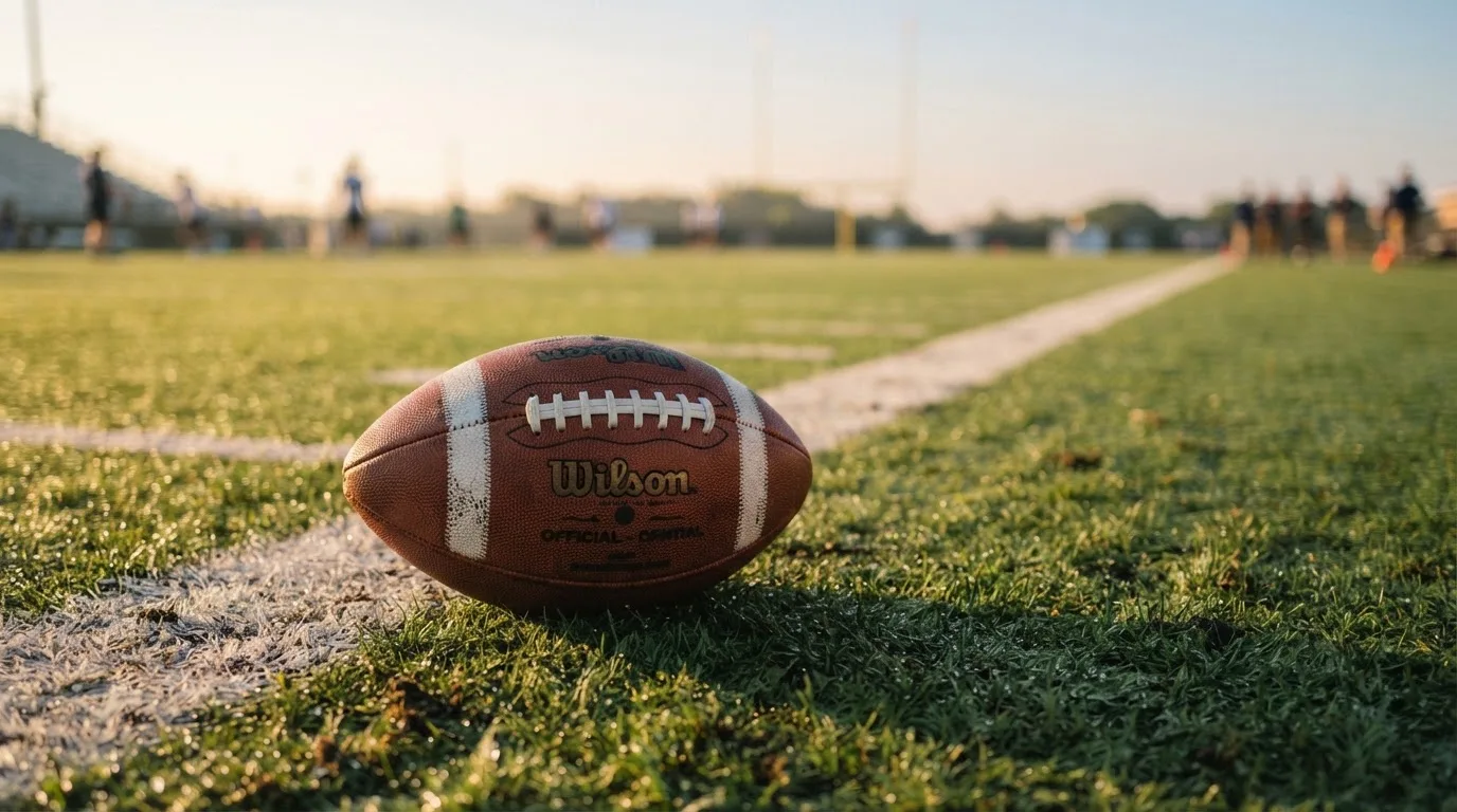 Ein ovaler Lederball mit heller Schnürung liegt auf dem Rasen vor der Endzone, Tau auf dem Gras im ersten Morgenlicht.