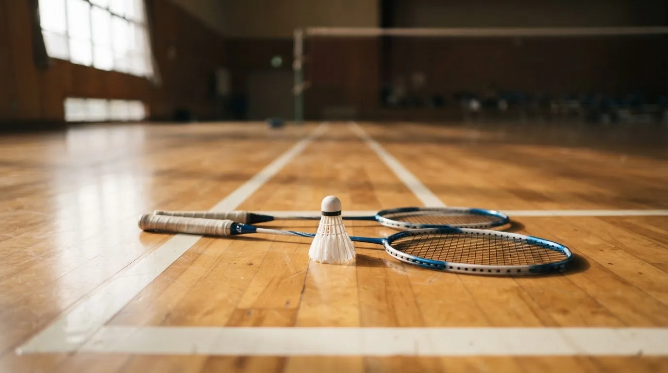 Zwei Badmintonschläger und ein Federball liegen auf einem Holzboden neben der Seitenlinie, weiches Licht fällt von der Seite ein.