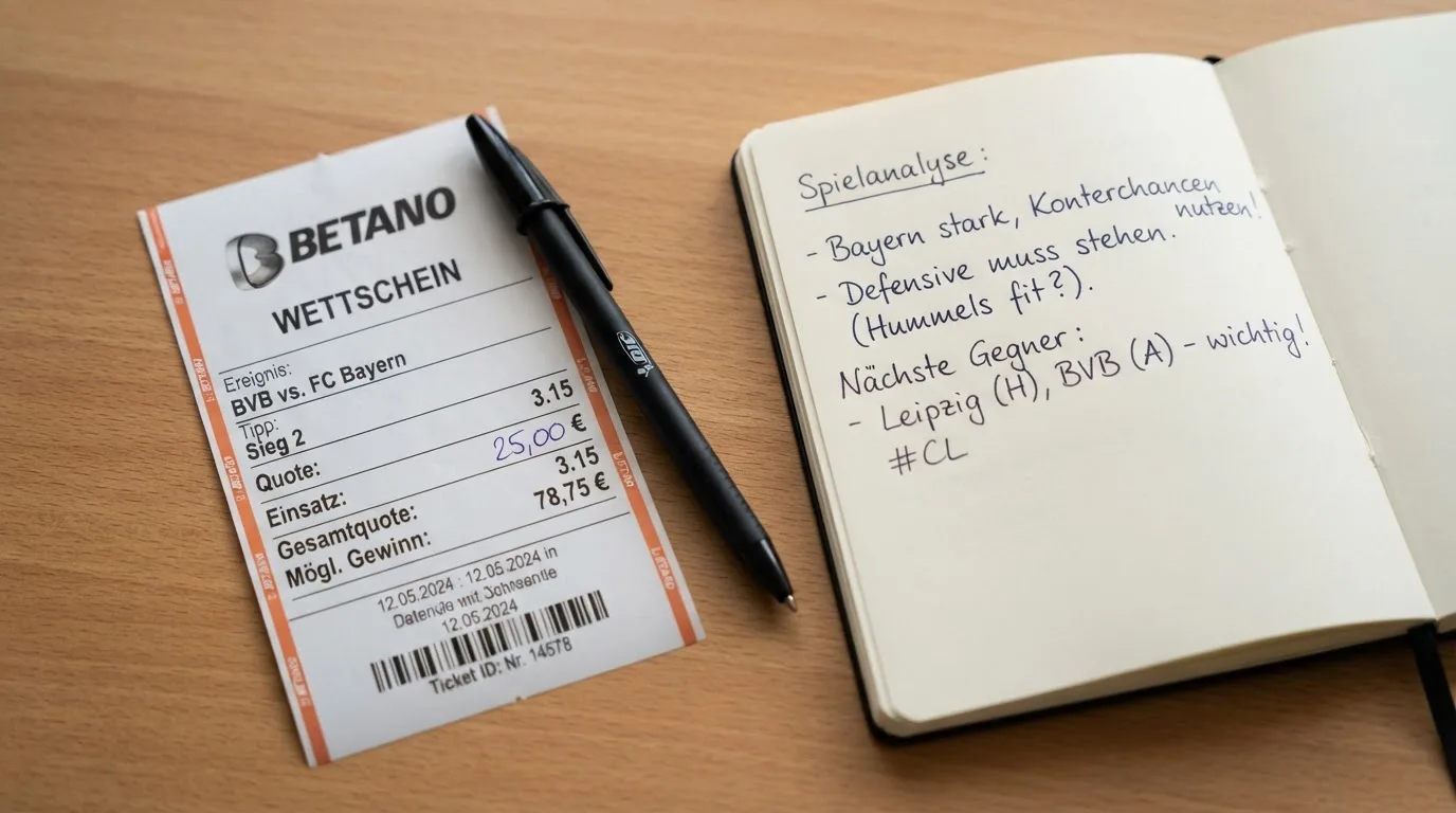 Ein leerer Papierwettschein und ein Kugelschreiber auf einer glatten Schreibtischplatte, daneben ein aufgeschlagenes Notizbuch mit handschriftlichen Notizen.