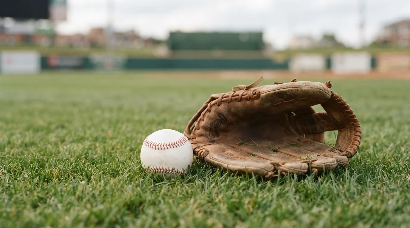 Ein weißer Baseball und ein Lederhandschuh liegen auf kurz geschnittenem Gras, im Hintergrund eine verschwommene Spielfeldbande.