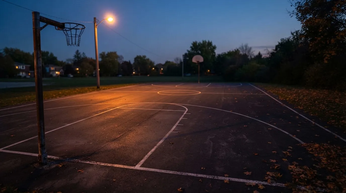 Ein Freiluft-Basketballplatz am Abend mit Asphalt, Linien und zwei Körben unter einer Straßenlaterne.