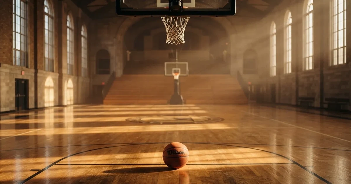 Ein Basketball liegt unter dem Korb auf dem Parkett einer leeren Sporthalle, Licht fällt durch hohe Fenster.