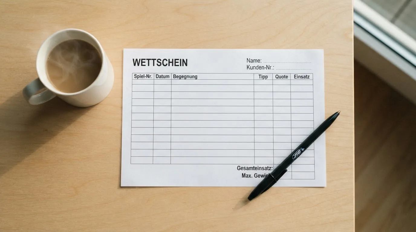 Ein leerer Wettschein aus Papier liegt neben einem Kugelschreiber und einer Tasse auf einem hellen Holztisch.