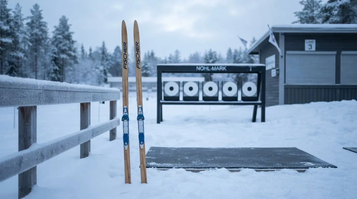 Ein Paar Langlaufskier steckt aufrecht im Schnee neben einem leeren Schießstand mit runden Zielscheiben, kaltes Winterlicht.