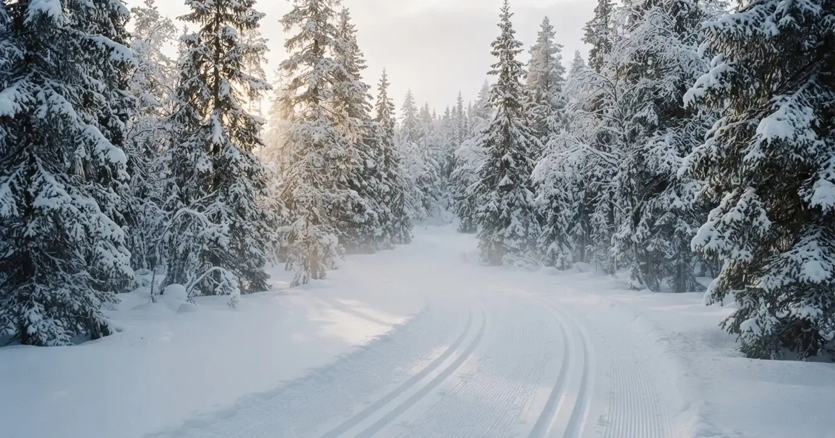 Eine verschneite Loipe zwischen Fichten im Morgenlicht, frische Spuren im Schnee, kein Mensch zu sehen.