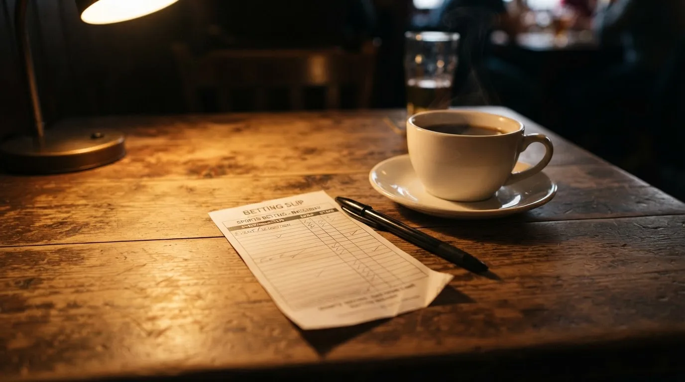 Ein leerer Papierwettschein und ein Kugelschreiber liegen auf einem Holztisch neben einer Tasse, warmes Licht einer Lampe.
