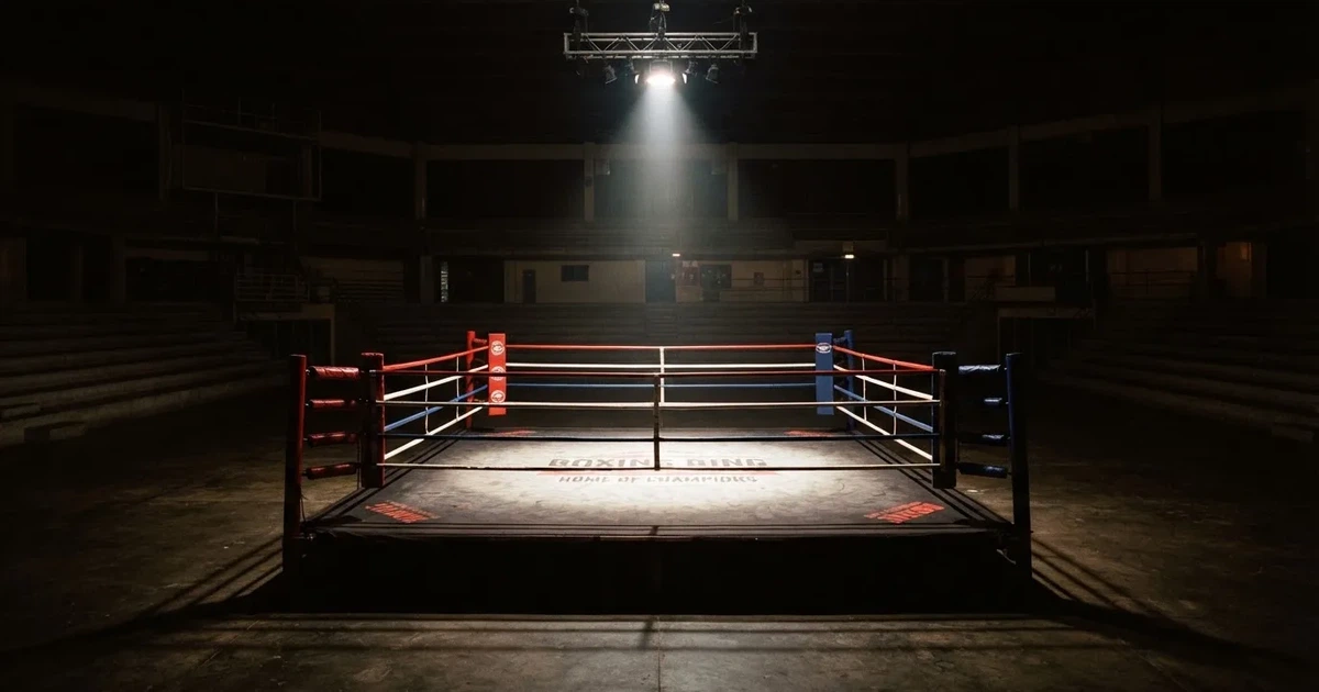 Ein Boxring mit gespannten Seilen in einer leeren Halle, ein einzelner Scheinwerfer leuchtet von oben auf die Ringmatte.