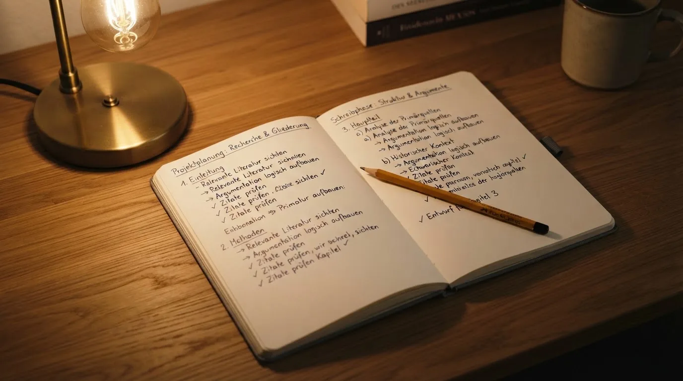 Ein Notizbuch mit handschriftlichen Notizen und ein Bleistift liegen neben einer Tischlampe auf einem Schreibtisch, ruhiges Abendlicht.