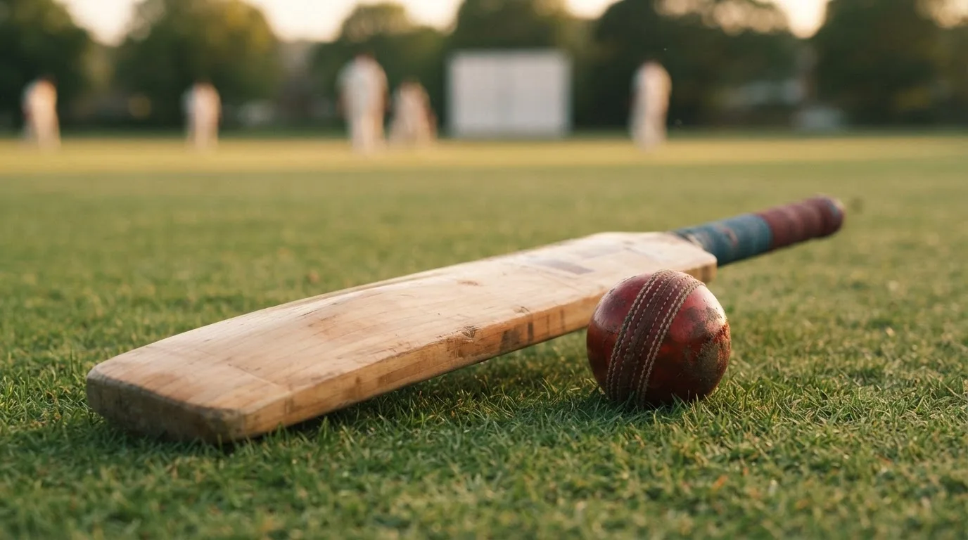 Ein Cricketschläger aus hellem Holz und ein roter Lederball liegen auf kurzem Rasen, weiches Abendlicht.