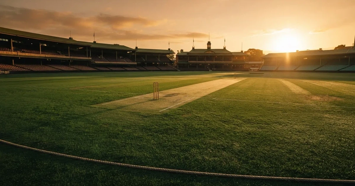 Ein weites grünes Cricketfeld mit einem hellen Streifen in der Mitte, tief stehende Sonne, im Hintergrund eine leere Tribüne.